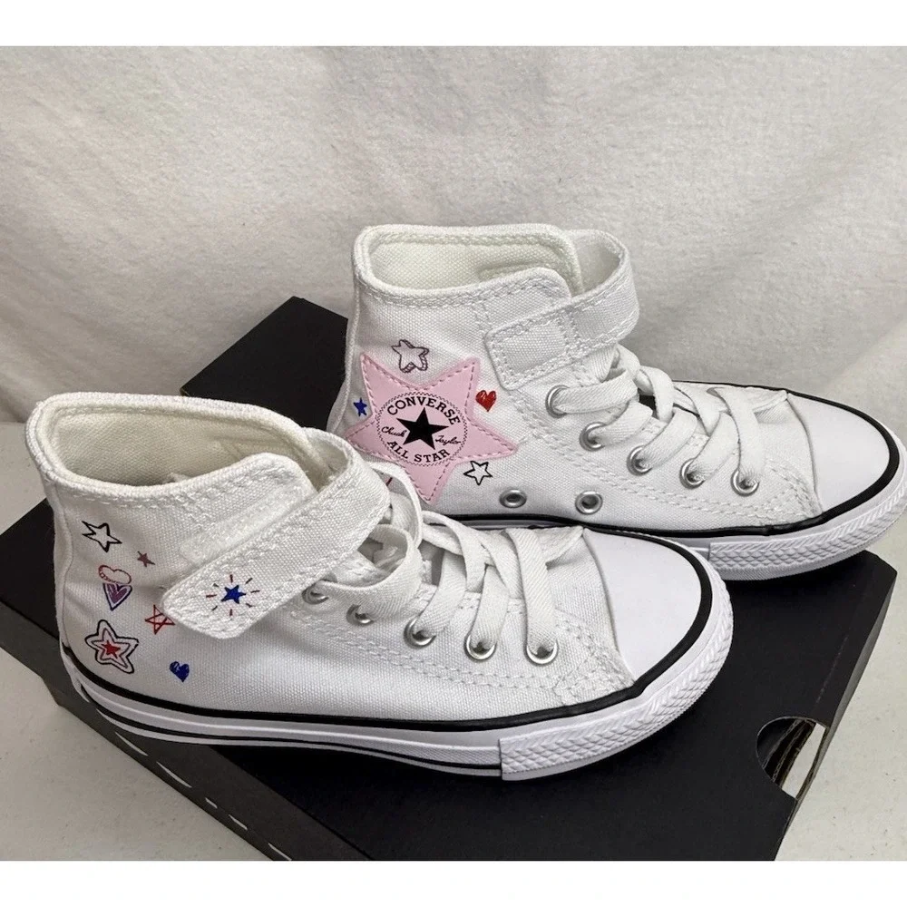 Converse CTAS 1V White/Pink Print Girl's High Top Sneakers-Size 11Y NIB
